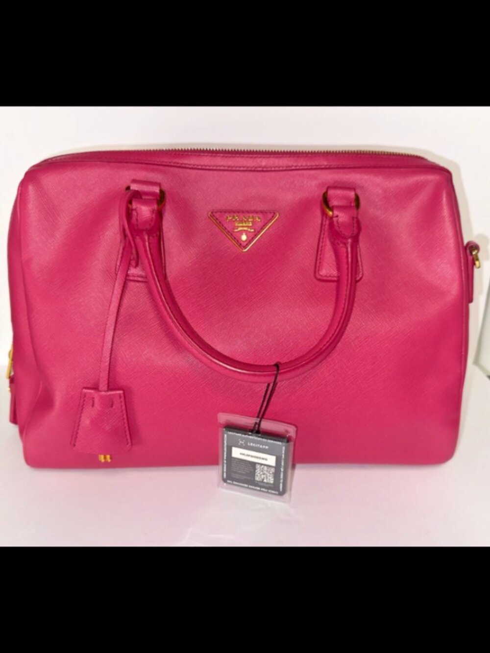 Prada Saffiano Lux Leather Bowler Bag in Magenta with Gold Hardware